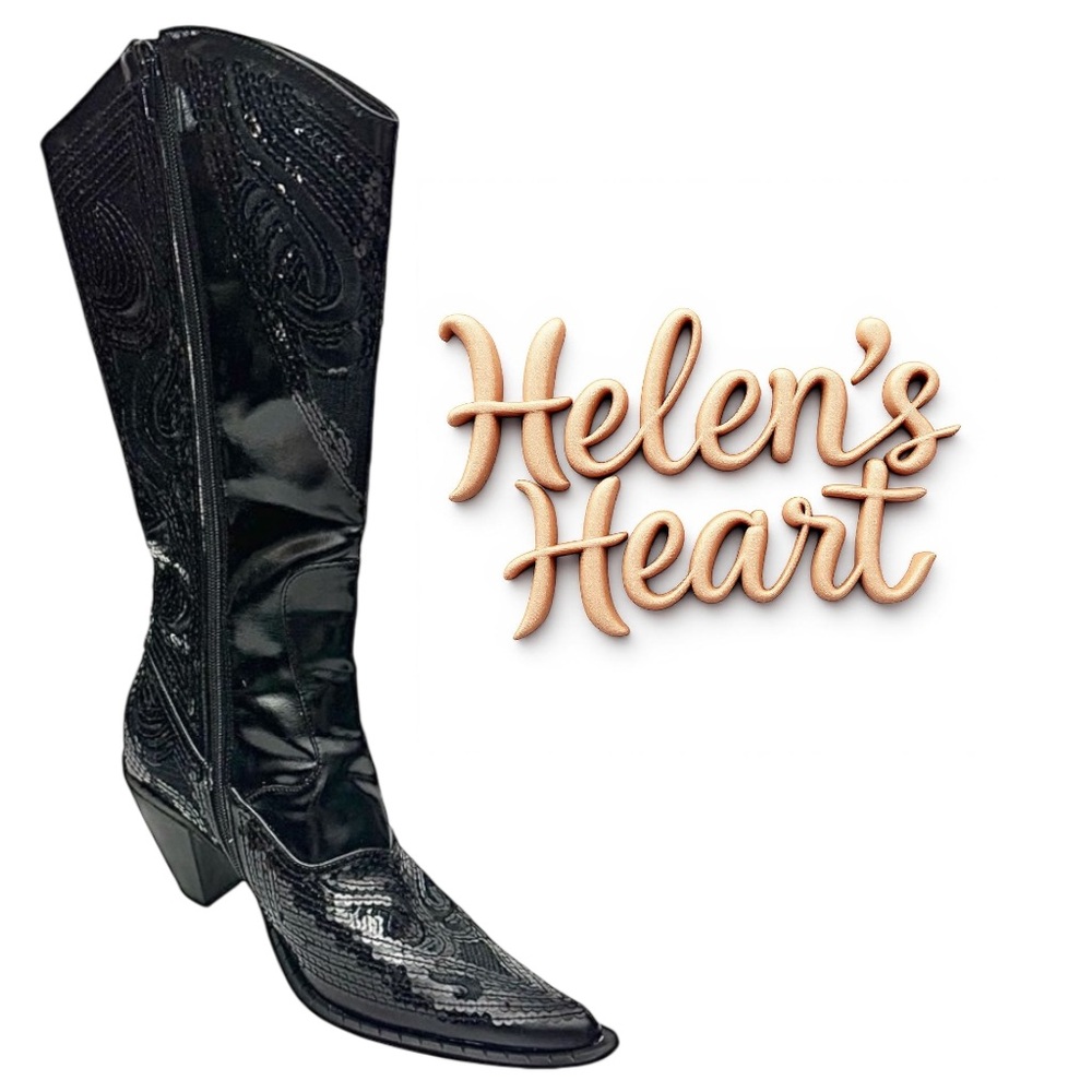 Helen’s Heart Women’s Black Sequin Western Cowboy Boots – Pointed Toe – Size 9